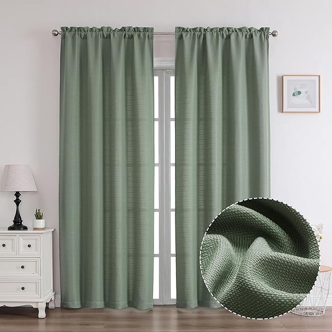 Chyhomenyc Sage Green Curtains 96 Inch Length 2 Panels, Faux Linen Textured Semi Sheer Light Filtering Soft Breathable Privacy Farmhouse Curtain Drapes for Living Room Bedroom, Each 40" Wx96 L