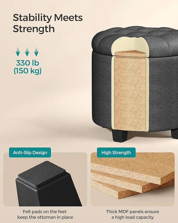 SONGMICS Round Ottoman, Ottoman with Storage, 17.7 Dia. x 17.5 H Inches Foot Rest with Legs, Load up to 330 lb, for Living Room, Bedroom, Dark Gray ULOM011G01