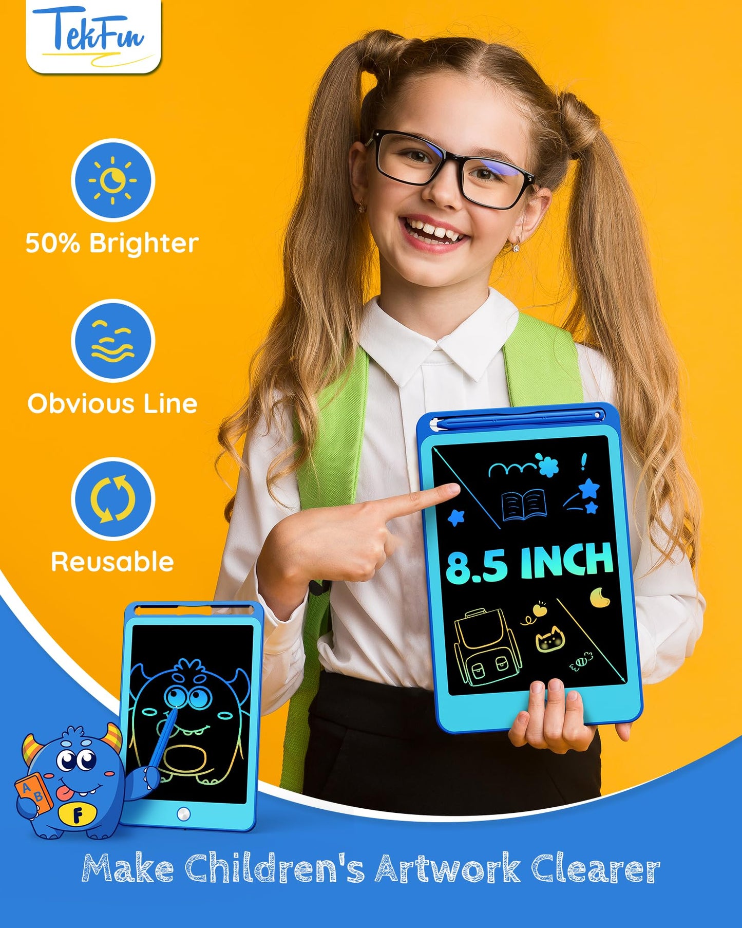 TEKFUN 2 Pack LCD Writing Tablet for Kids, 8.5 Inch Blue+Blue Doodle Board Drawing Board Reusable Drawing Tablet with Lanyard, Educational Kids Toddler Toys Birthday Gift for Boys Girls 3-12 Years Old