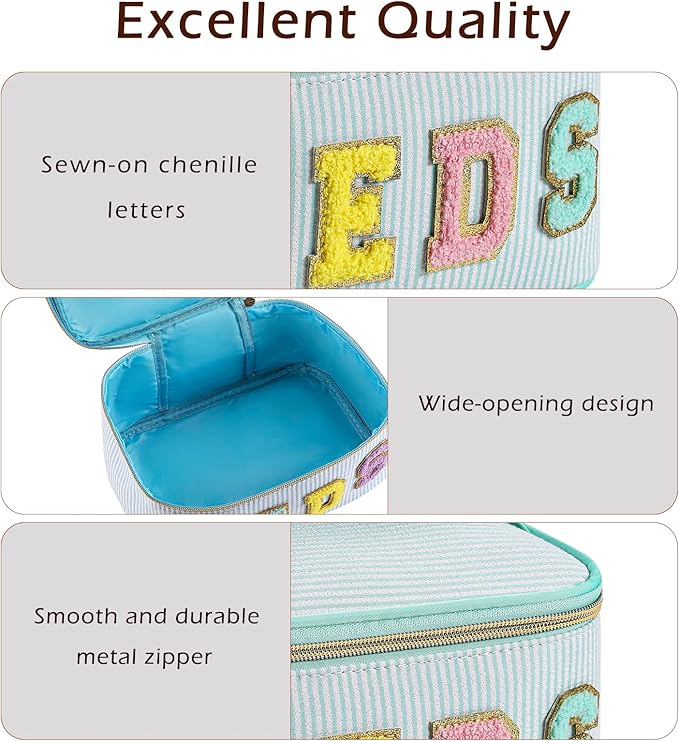 Chenille Letter MEDS Makeup Bag,Large Size Striped Medicine RX Cosmetic Bag with Top Handle, Aesthetic Seersucker First Aid Travel Organizer Bag for Women Girls(02Light Green)