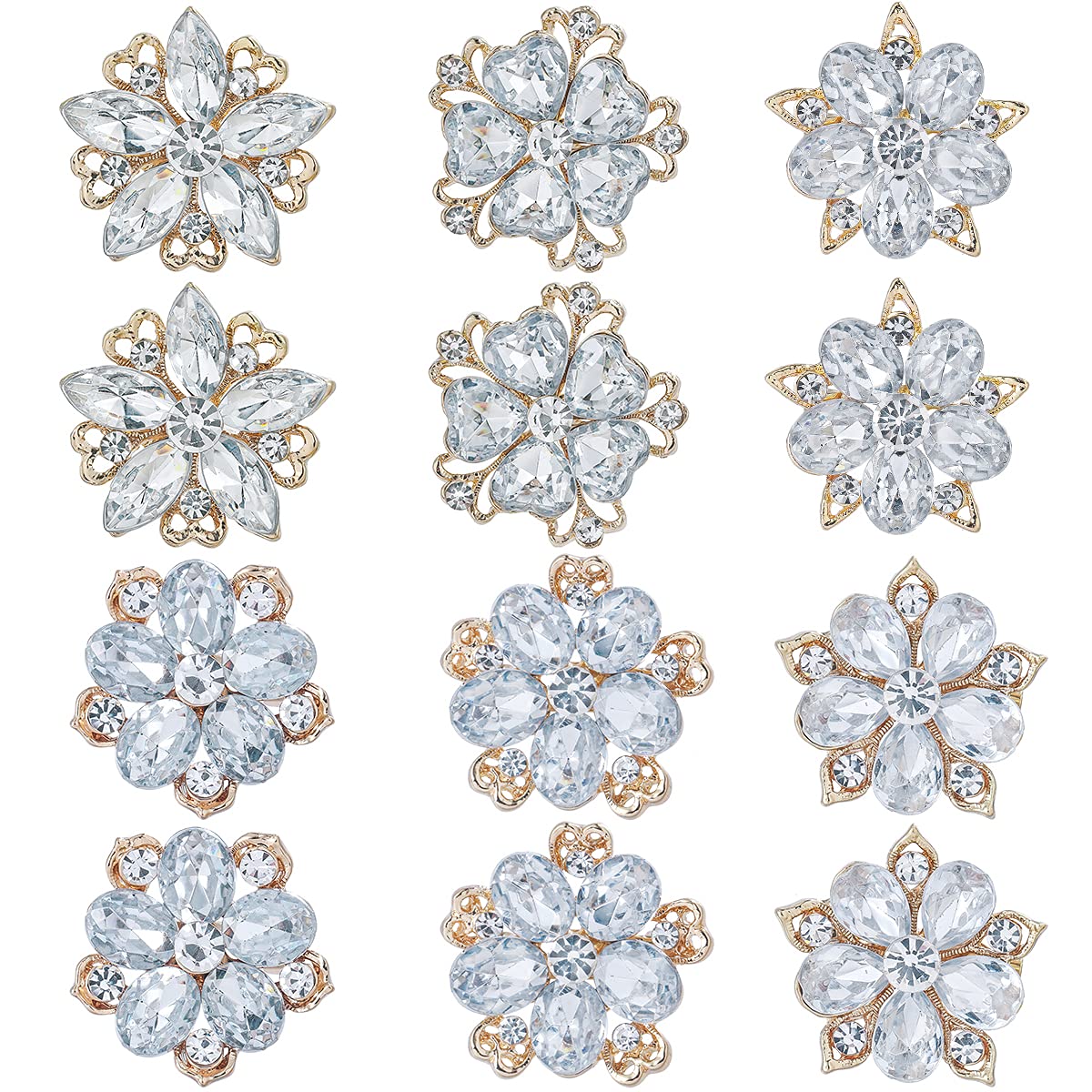 MEEDOZ Women's Lot 12pcs Crystal Rhinestone Marquise Teardrop Flower Brooch Pin Set For DIY Bridal Wedding Bouquet Kit (Gold Plated)