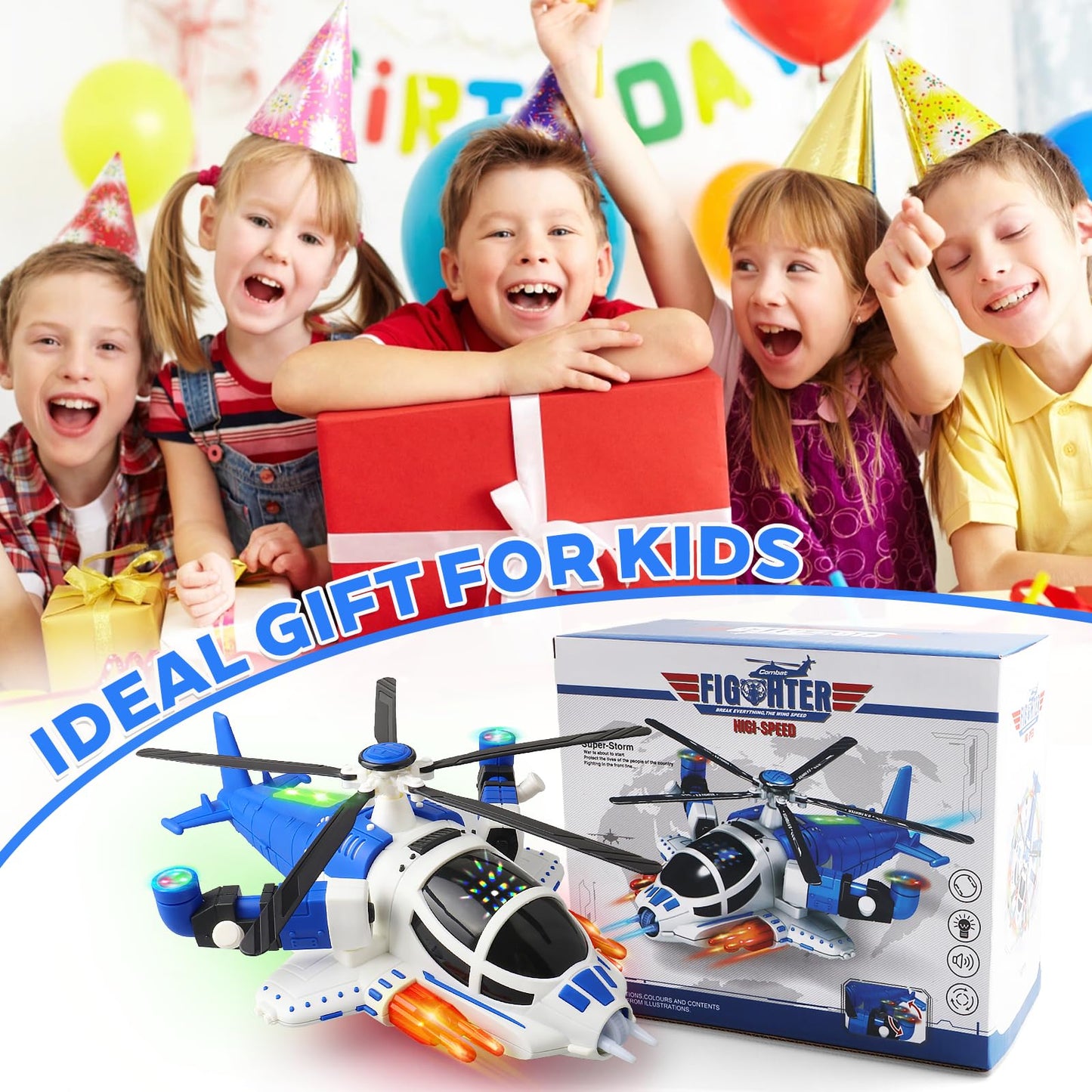 victob Light-Up Helicopter Toy for Toddlers, 360° Rotating Airplane Toy with Music and Bump & Go, Birthday Gift for Boys Ages 3-5 (Blue)