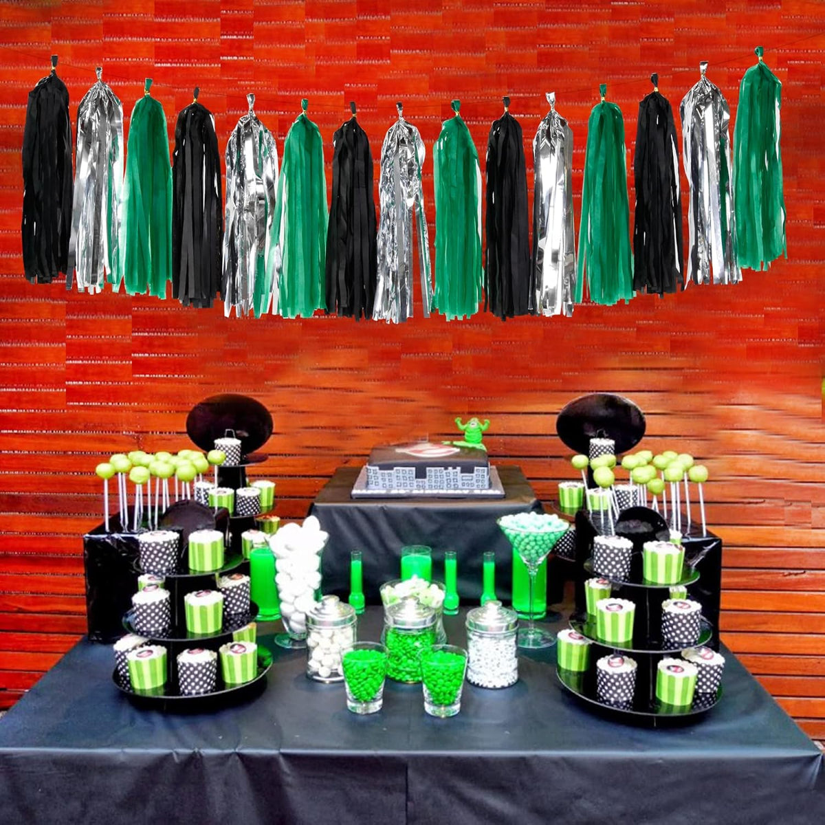 Black Green Silver Tassel Garland - 15pcs Soccer Party Supplies Tassels Graduation Backdrop Decorations Men Boys Birthday Spring Summer Jungle Theme Banner