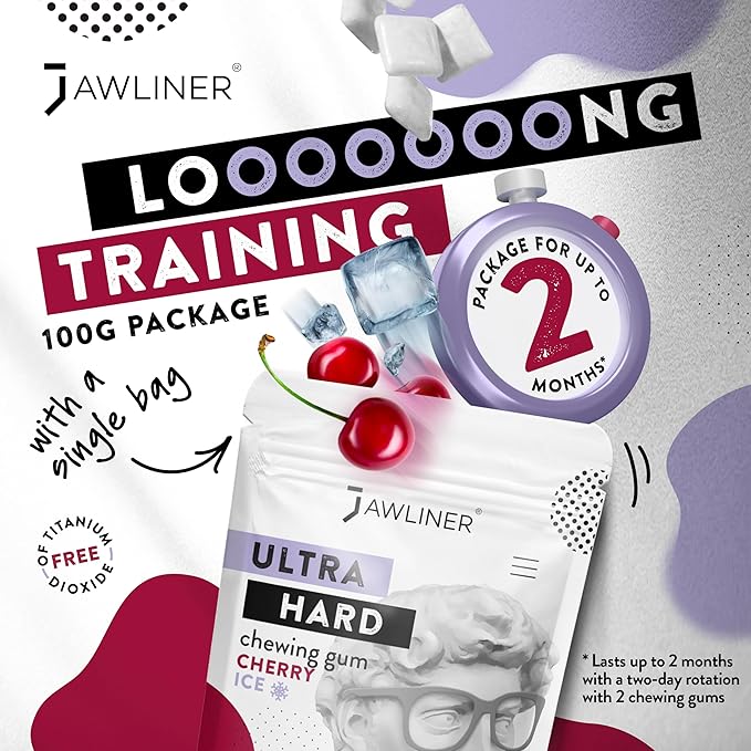 Jawliner® - Pioneers the Toughest Handmade 15x Harder Jawline Gum Includes 12 Weeks Coaching - Sugar-Free Cherry Ice Hard Gum - Jawline Exerciser Chewing Gum for Mewing & Shaping Jaw (2 Months Pack)
