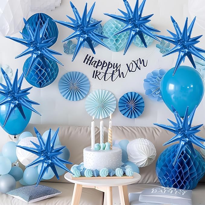 Blue Star Balloons,9Pcs 22Inch Blue Explosion Spike Cone Helium Polyester Film Star Foil Balloons for Birthday Anniversary Baby Shower Wedding Disco Party Decorations