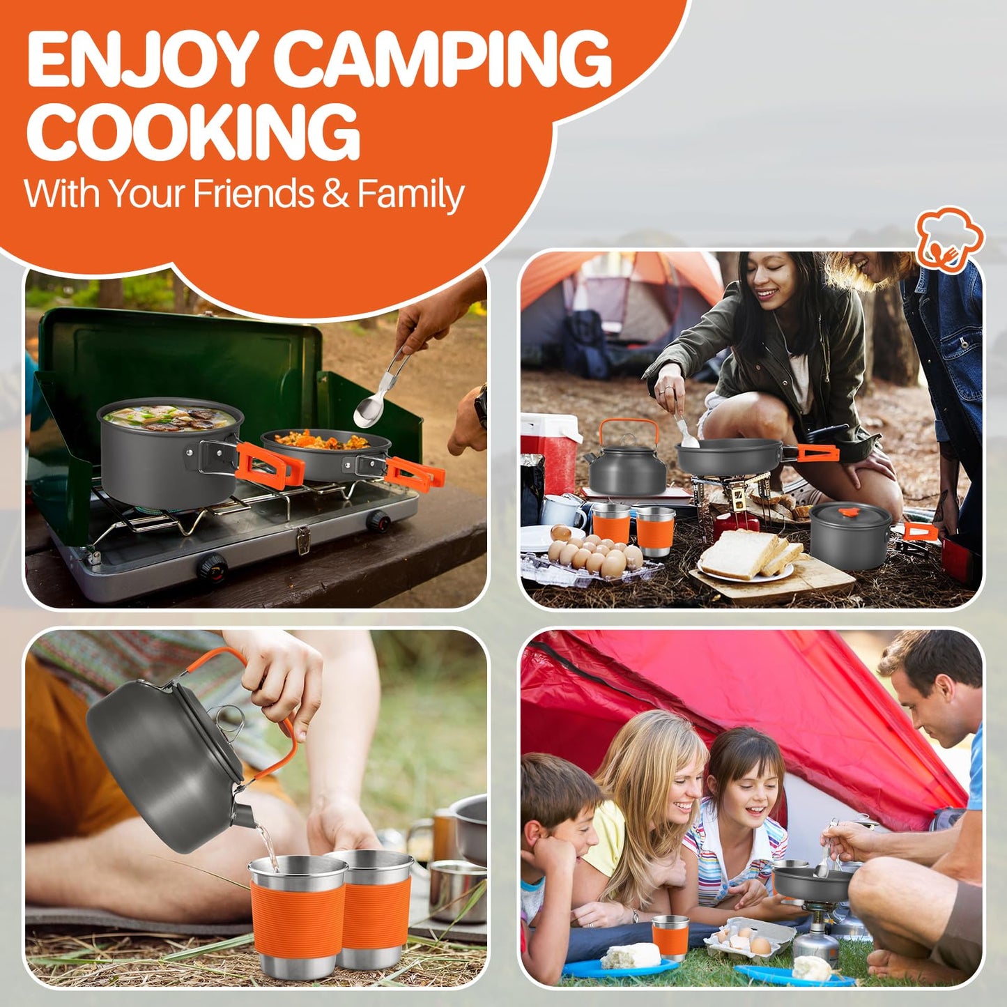 FUNYKICH 17PCS Camping Cooking Set, Non-Stick Lightweight Camping Pots and Pans Set with Kettle, Stainless Steel Cups, Foldable Forks Knives Spoons for Camping, Backpacking, Outdoor Cooking & Picnic