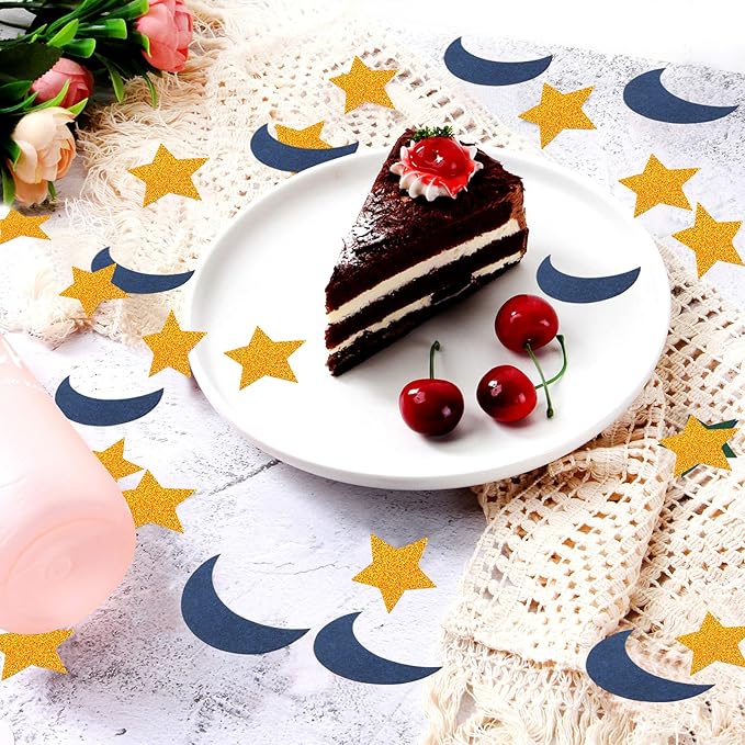 Navy-Blue Moon Gold Star Confetti - 300pcs Glitter Twinkle Little Star Table Confetti Eid Ramadan Mubarak Decoration Birthday Wedding Baby Shower Party Decor Lasting Surprise