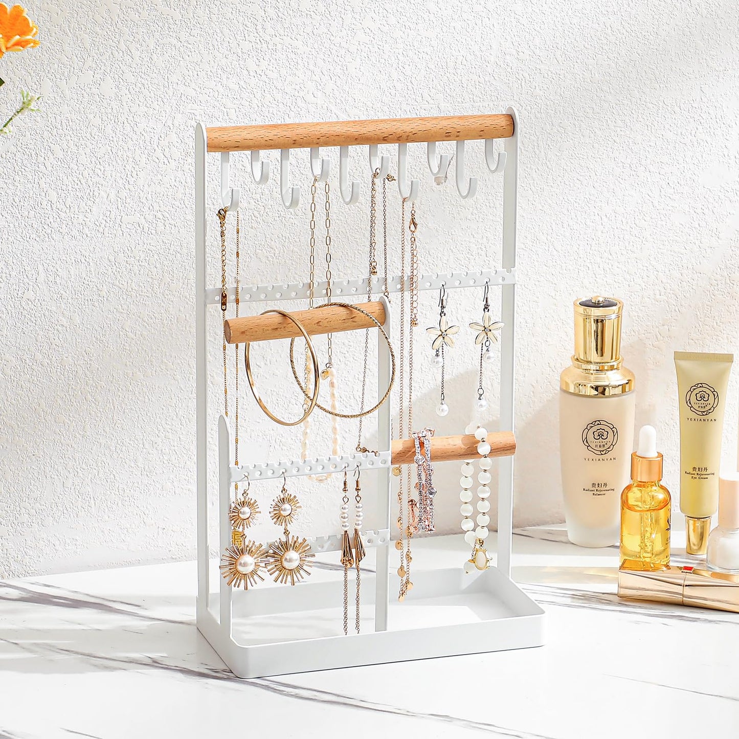 V-LAFUY Jewelry Holder Organizer, 4 Tier Necklace Holder Jewelry Tower with 10 Hooks 88 Holes, Jewelry Stand Organizer Storage Bracelets Earrings Rings Watches - Elegant White