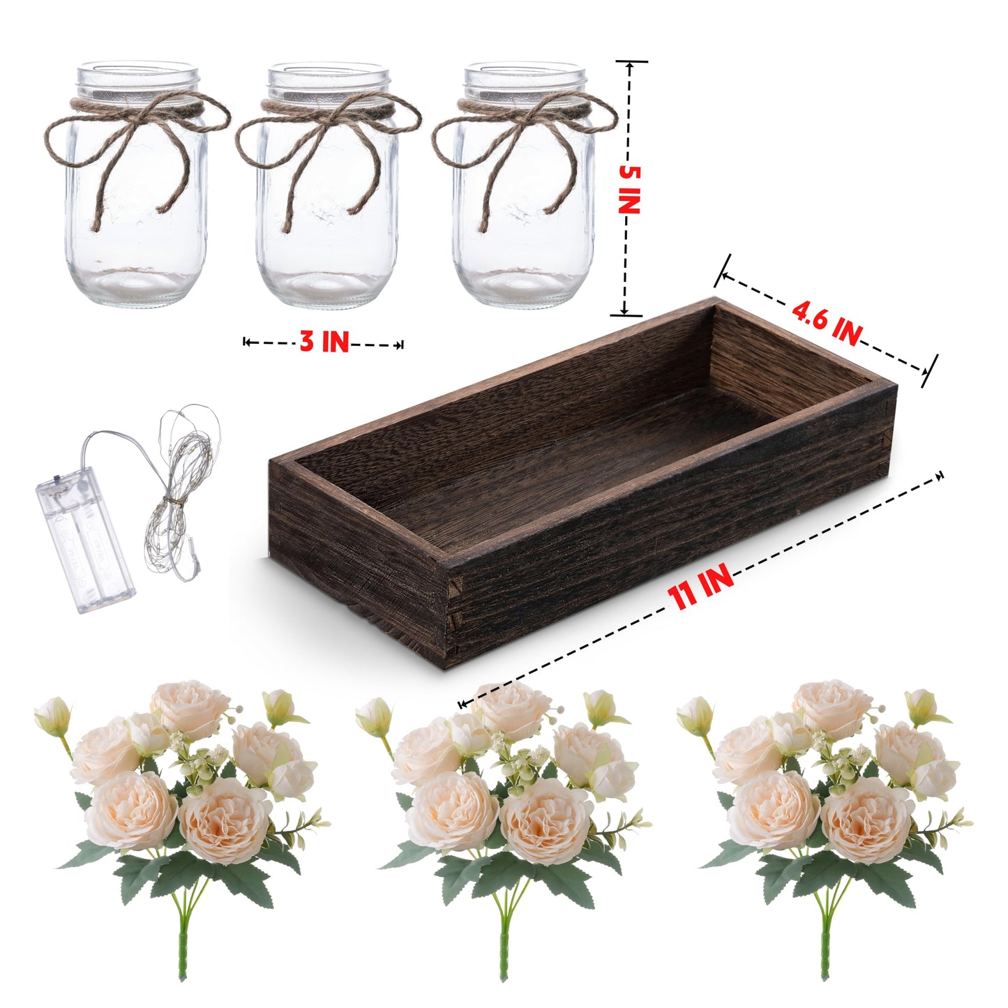 LUEUR Mason Jar Lights Centerpiece with Farmhouse Wood Tray – 3 Jars with Champagne Peony Spring Flowers, Spring & Summer Wedding Decoration for Dining Table, Coffee Table, Kitchen & Living Room