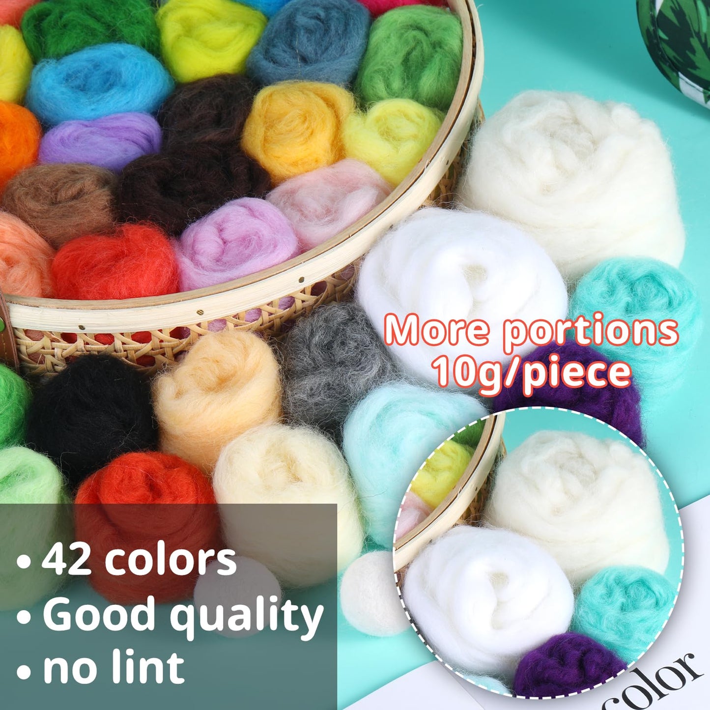 JNENERY Needle Felting Kit, 42 Colors Wool Roving Starter Kit, Needle Felting Starter Kits, Needle Felting Wool with Felt Tools, Instructions, Green Storage Bag for Felted Animal
