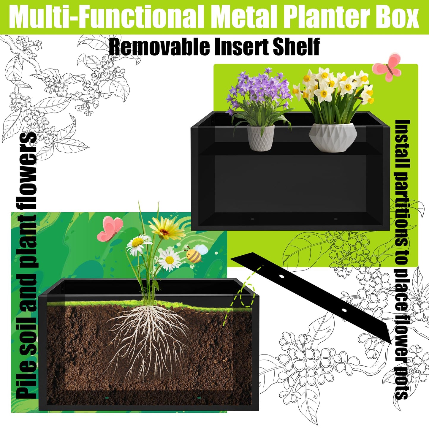 Fsehyue Metal Planter Box 38" x 10" x 30" Large Rectangular Planter Heavy Duty Galvanized Steel Tall Plant Boxes with Insert Shelf and Drainage Holes for Outdoor Patio Yard Garden Porch Terrace