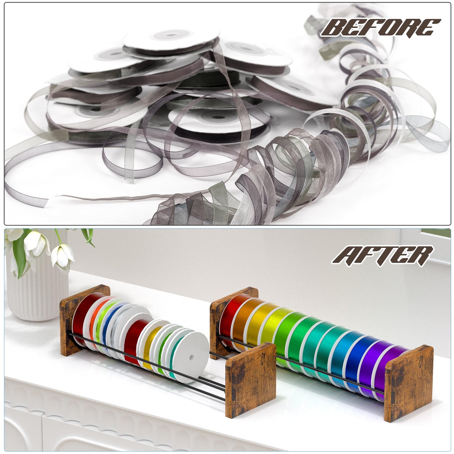 Invech Ribbon Storage Rack Desktop & Wall Mounted, 1Pcs Ribbon Holder for Craft Room, Flower Shop and Gift Packing