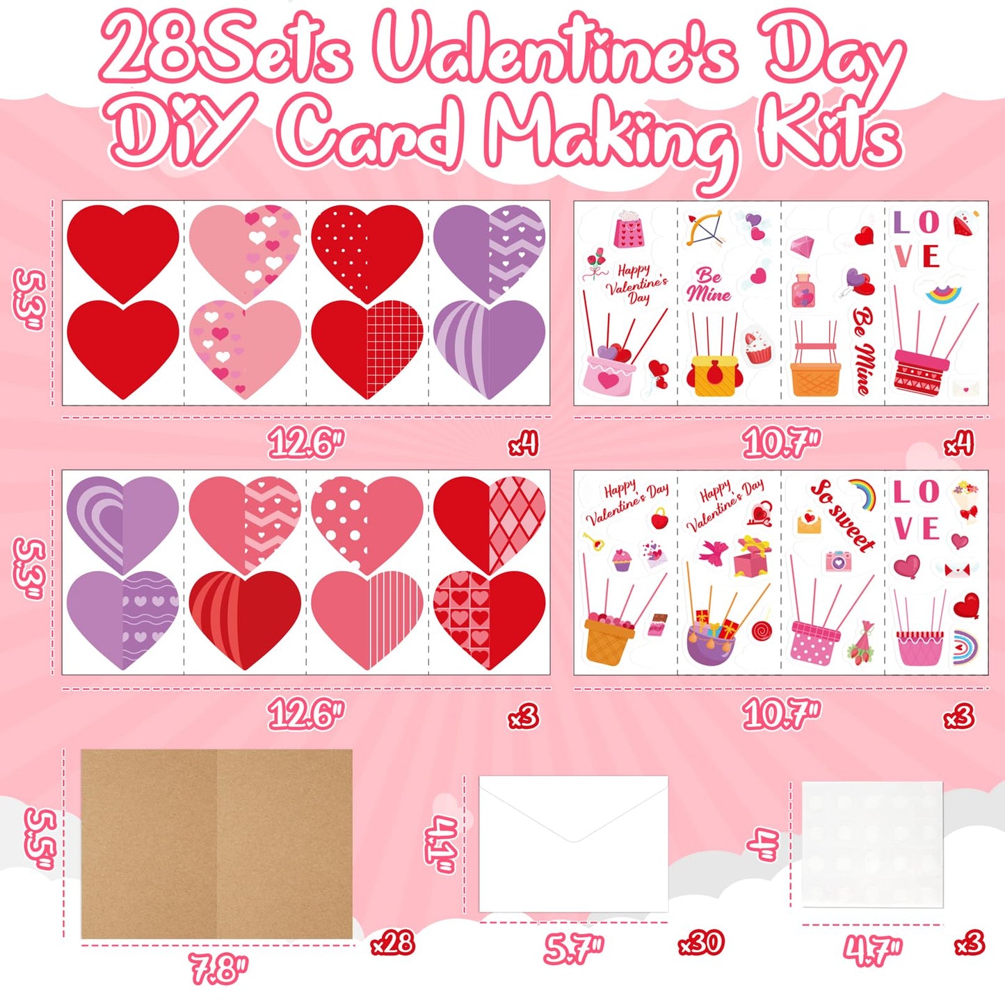 80UncleKimby 28Sets Valentines Day Crafts Card Making Kit DIY 3D Heart Cards with Envelopes Conversation Hearts Arts Craft Classroom Exchange Party Favors Bulk Supplies