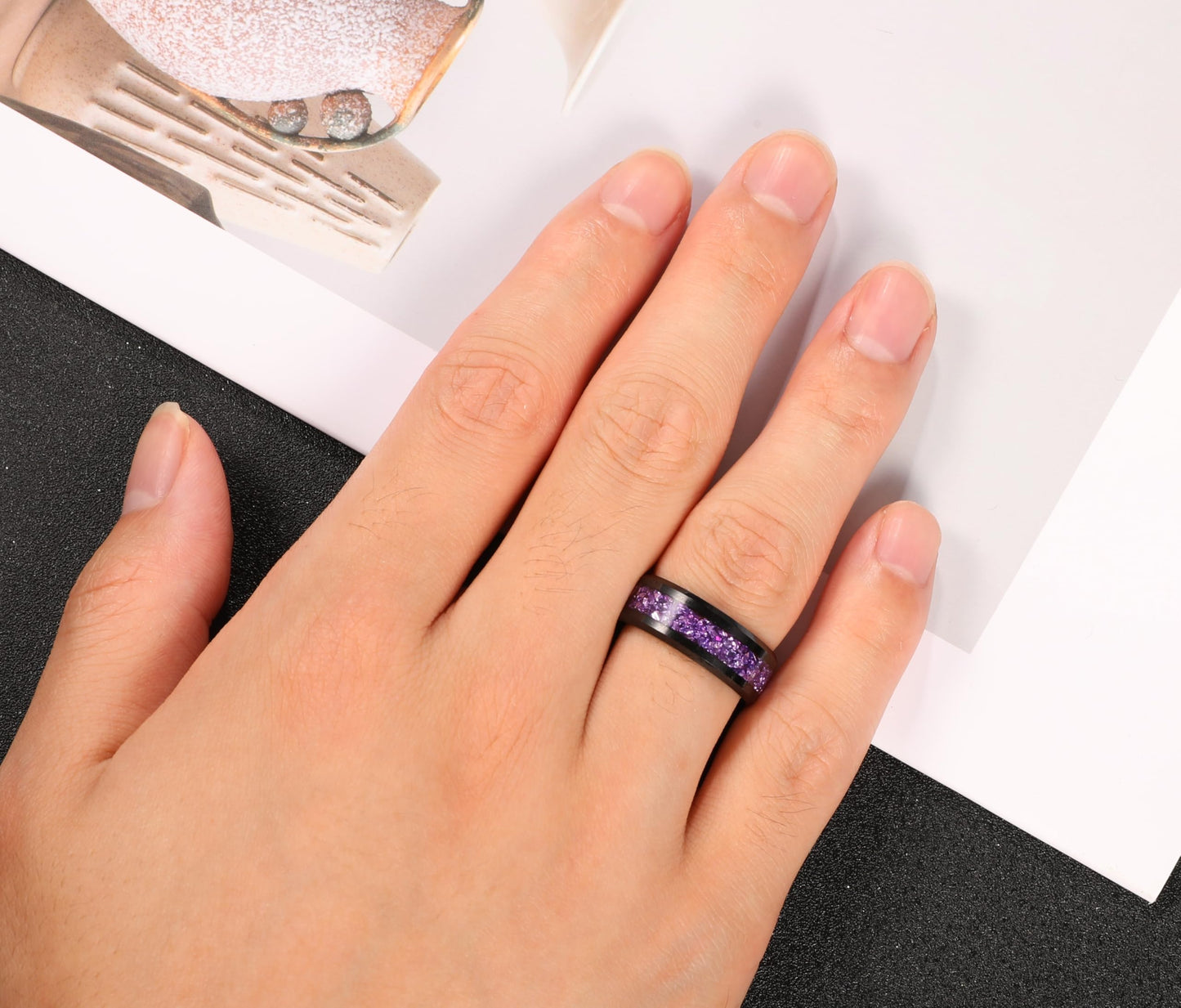 NUNCAD Men's Tungsten Rings 8mm Black Wedding Band Inlaid with Amethyst Center Polished Beveled Edge Comfort Fit Size 7-12