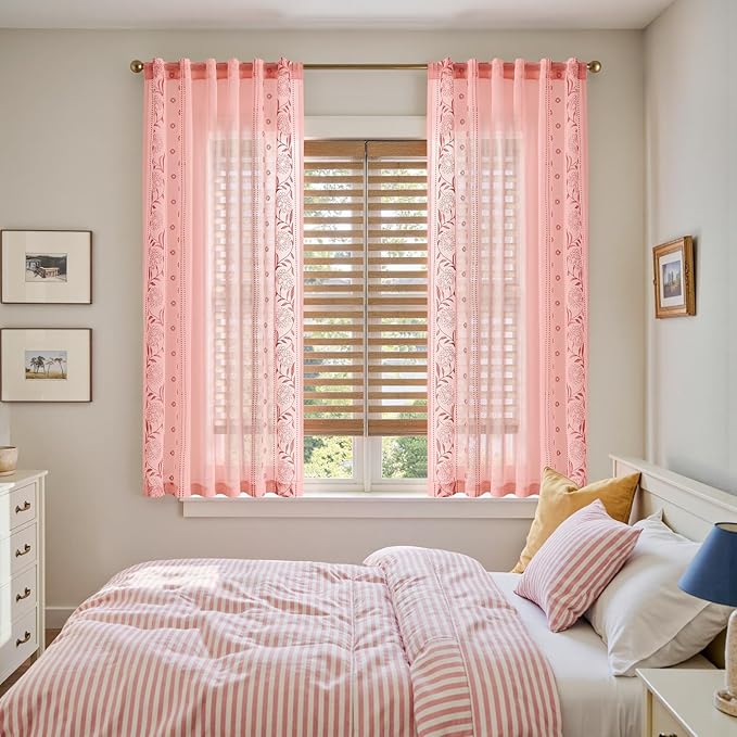 jinchan Winslow Sheer Curtains 63 Inch Length for Dorm Bedroom Bordered Floral Pattern Decorations Short Curtains Light Filtering Window Treatments, 50W x 63L, 2 Panels