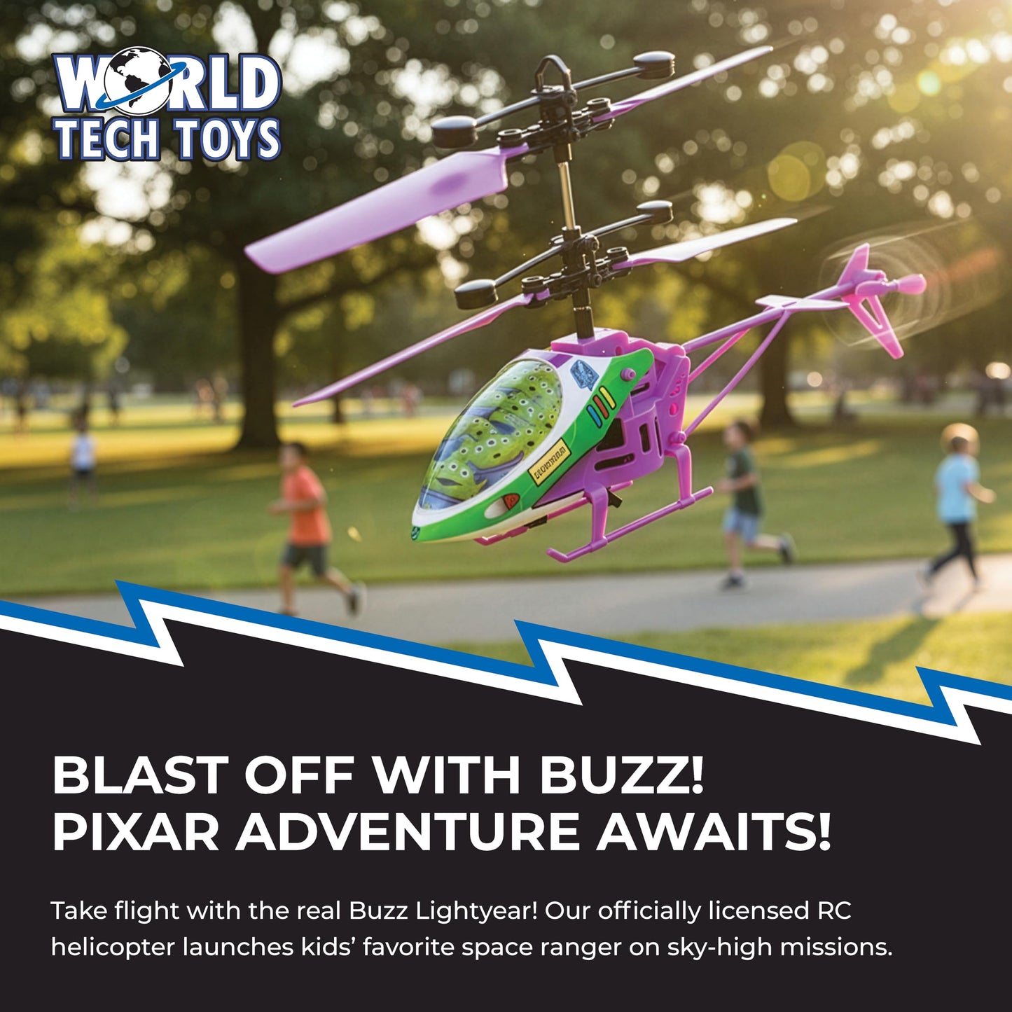 World Tech Toys Pixar Buzz Lightyear RC Helicopter – Easy‑Fly Remote Control Helicopter with LED Lights, Durable Body, Coaxial & Rear Rotors – Kids 8+