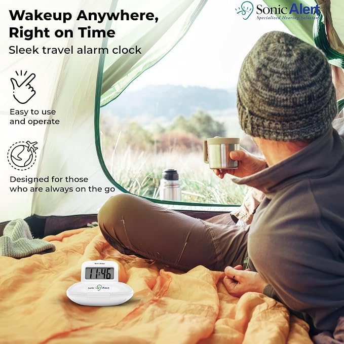 Sonic Alert Digital Alarm Clock - Travel Alarm Clock for Heavy Sleepers - Bed Shaker Alarm Clock - Vibrating Alarm Clock Under Pillow - Battery Operated – White