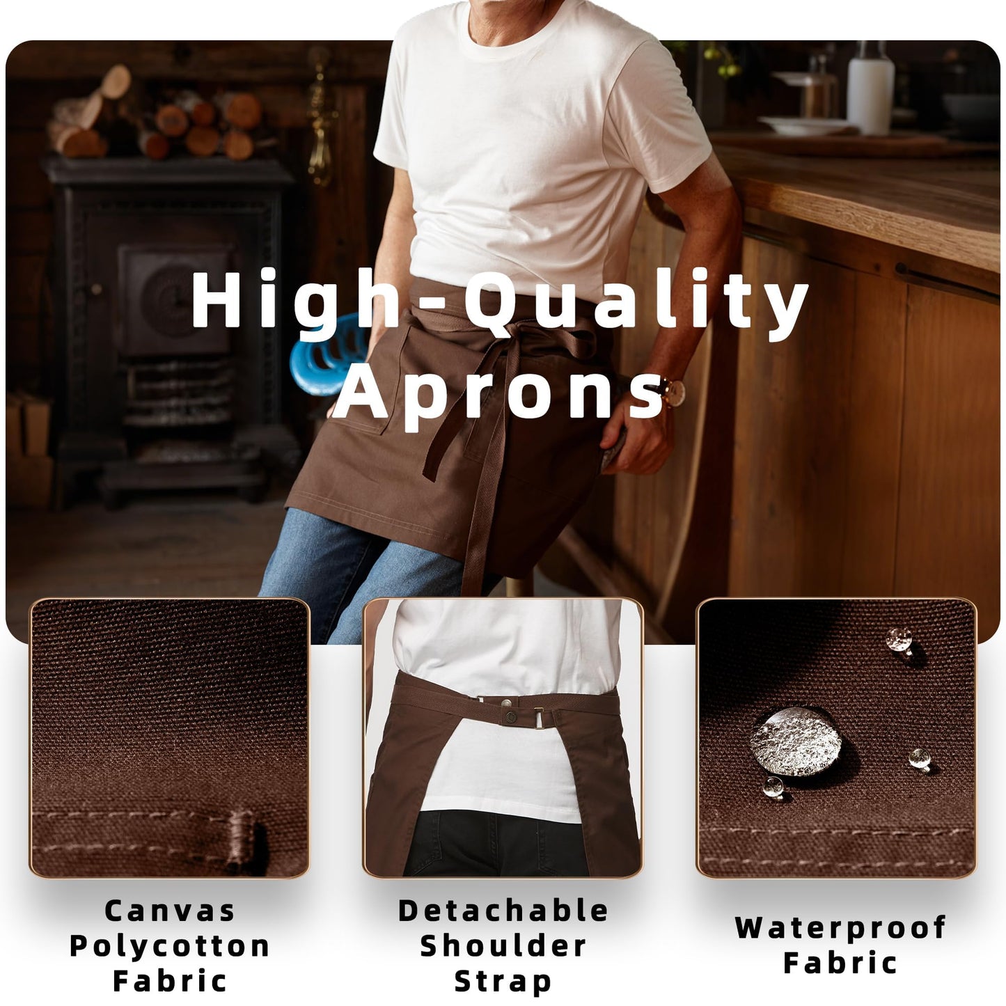 Guolamy Unisex Waist Apron Half Bistro Apron Server Aprons with Pockets Waterproof 4251BY(Coffee,1Pack