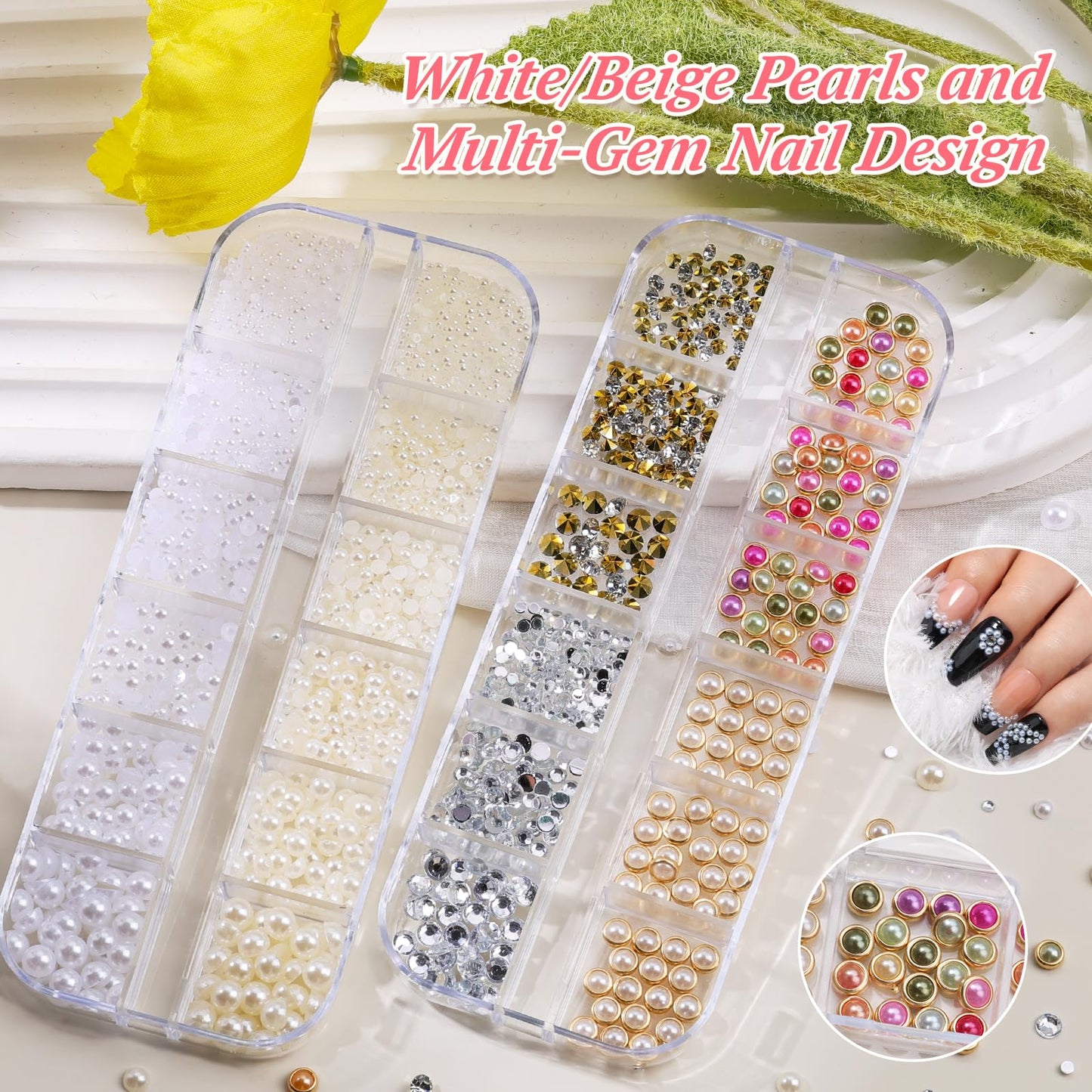 10 Boxes Nail Rhinestones Gems Kit,Gold/Silver Metal Studs,Mixed Sizes Flatback Crystals Rhinestones,Half Pearls,Sequins,Foil Flakes with Tweezers & Dotting Tools for DIY Manicure