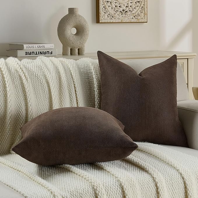 FUTEI Dark Coffee Chenille Throw Pillow Covers 24x24 Inch Set of 2,Soft Wide Chevron Textured European Pillow Shams,Farmhouse Home Decor for Couch Bed Living Room