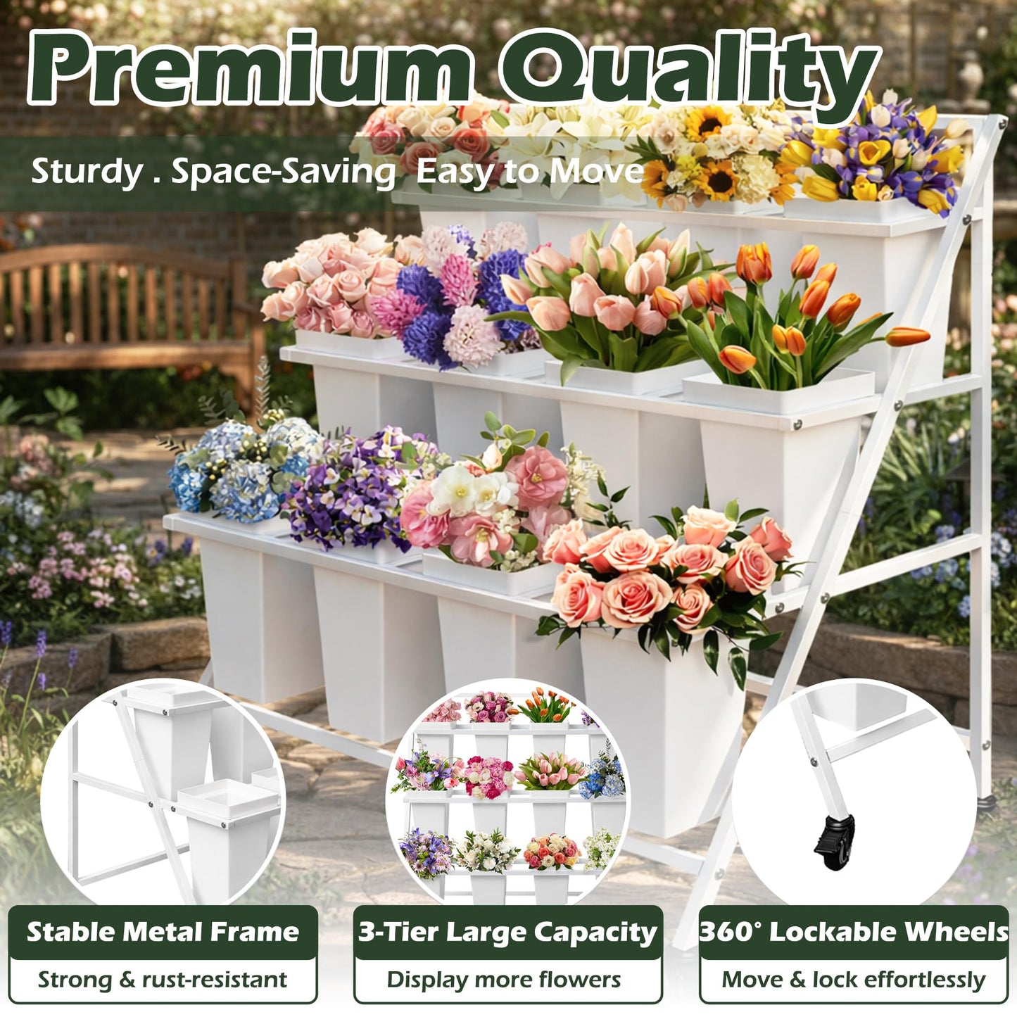 PROLEE Flower Display Stand with 12 Buckets, Flower Cart 3 Layers, Flower Stand Metal with Wheels, Moving Florist Bouquet Shelf, Triangular Rack, White