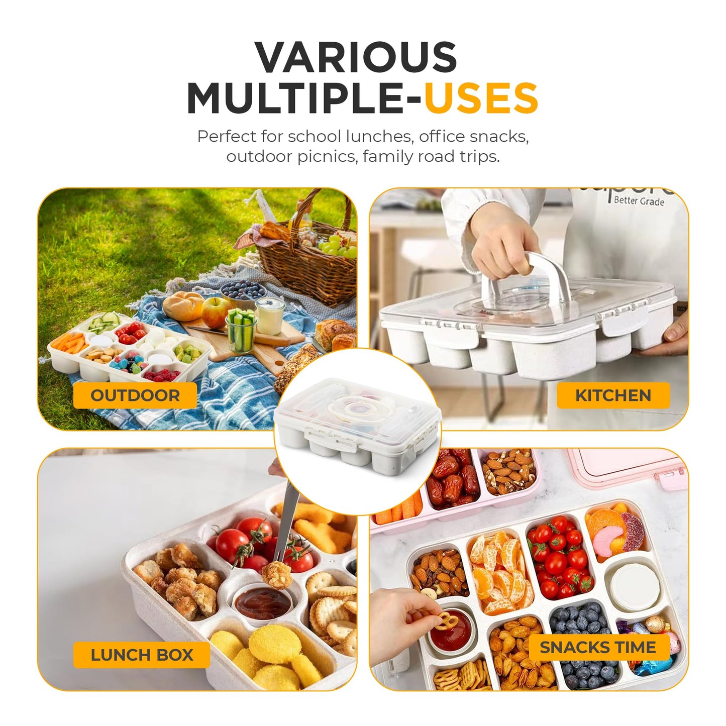 Snackle Box Container with Multi Compartments & Rotary Date Dial - Divided Serving Tray with Lid & Handle -Snack Organizer for Travel, veggies, Nut, fruit, Picnic & party - Dishwasher &Microwave safe