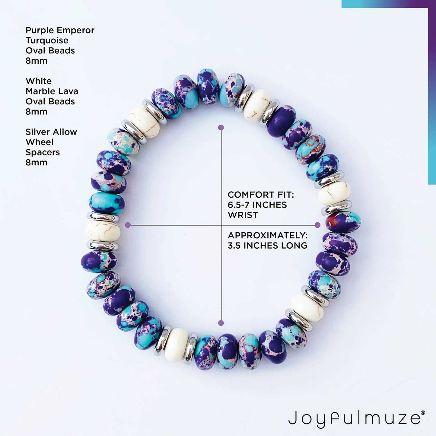Joyfulmuze Purple and Blue Beaded Bracelets For Women, Emperor Turquoise and White Lava Marble Stone, Handmade Stretchable Multi Color Unisex Gift (Purple-Emperor+White-Marble-Lava)