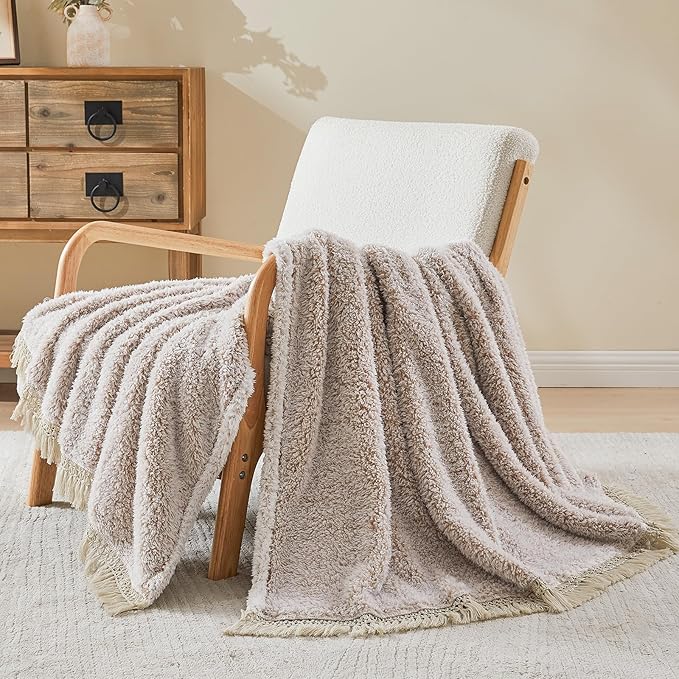EMME Fleece Throw Blankets Soft Sherpa Plush Blankets for Couch Cozy Bed Blanket(Tassel Khaki, 90"x90")