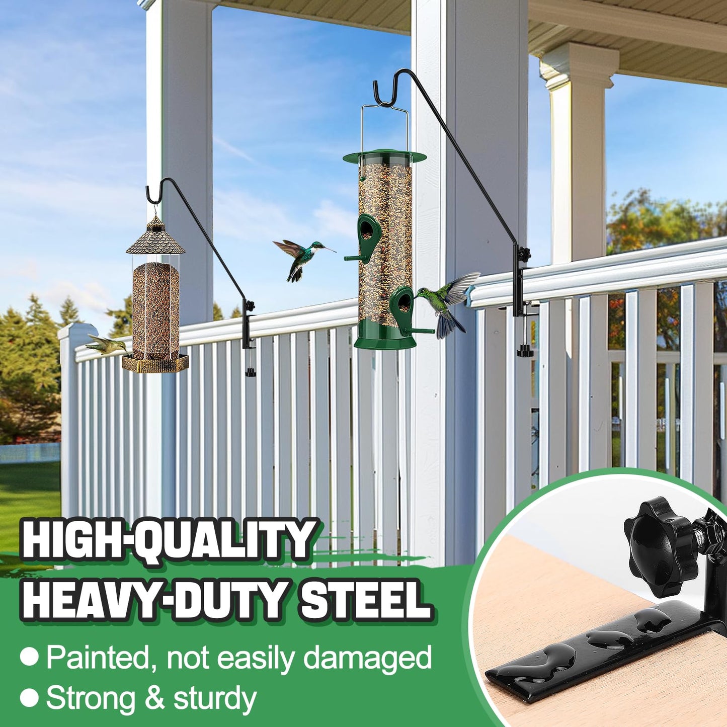 Biubee Deck Bird Feeder Hanger for Failing- 2Pack Heavy Duty Steel Stable Deck Railing Plant Hanger Outdoor, with Adjustable 3.1" Clamp, Deck Hook for Bird Feeder Plant Hangers Lanterns, 13.8 Inches