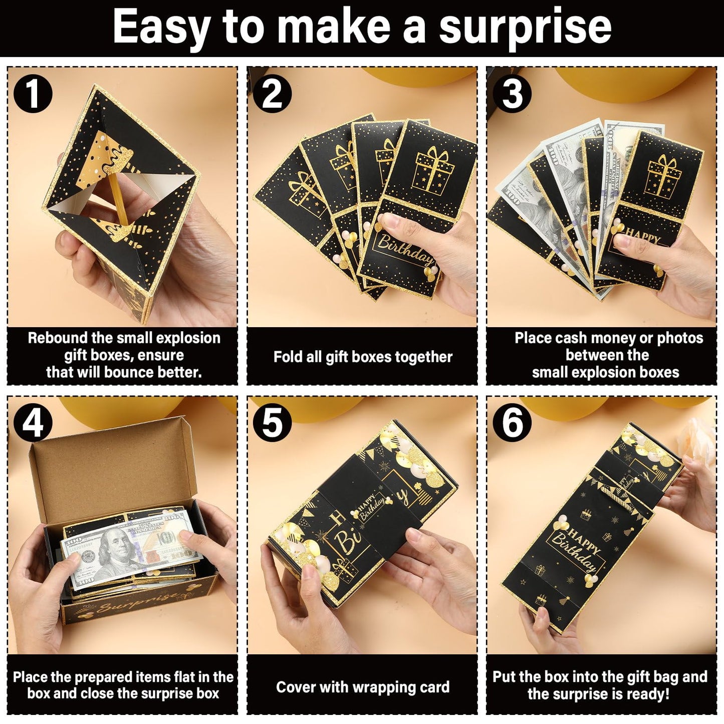 Jacyan Birthday Surprise Gift Box Explosion for Money, Exploding Money Gift Box for Cash Pop up Birthday Money Explosion Box Surprise Party Gift 12 Folding Bounce Boxes for Men Women Kids, Black Gold