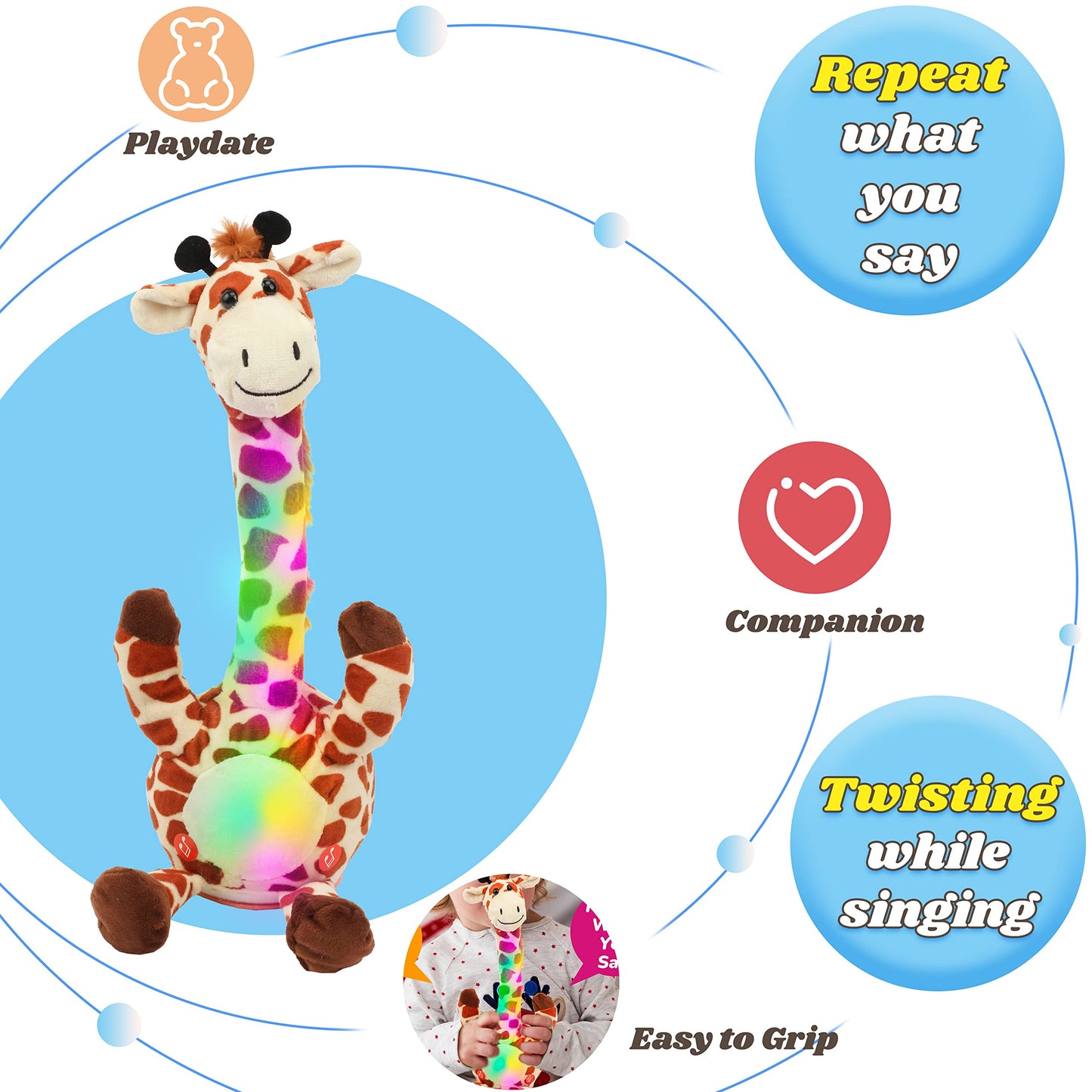 Hopearl Glowing Dancing Giraffe Toy Repeats What You Say Talking Toy Wriggle Singing Mimicking Twisting Electric Light Up Interactive Animated Speaking Gift for Kids, Brown, 13''