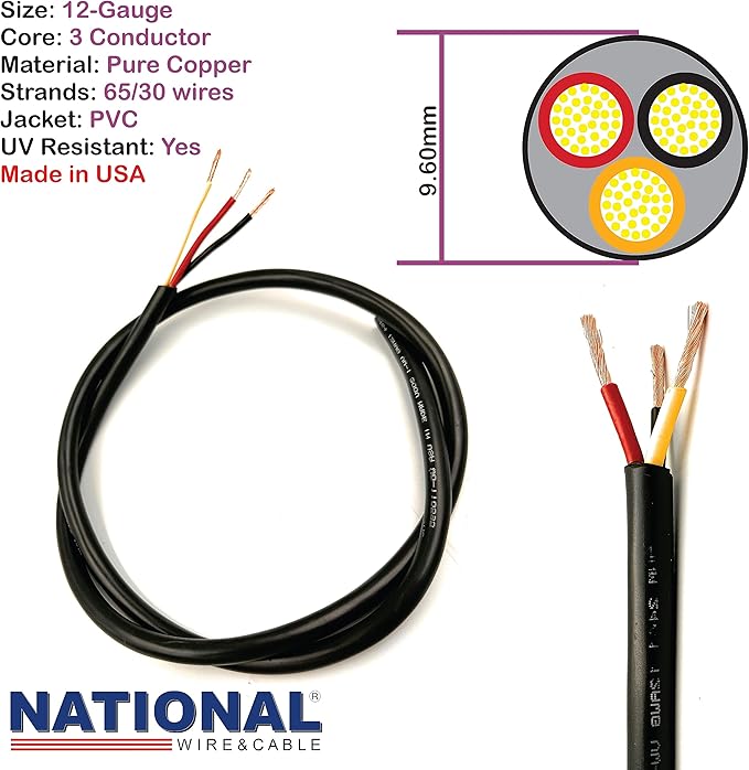 NATIONAL Wire & Cable – 12 AWG 3-Conductor Premium Copper Wire, 25 ft, Stranded | Made in USA, Heavy-Duty Flexible Jacket | Automotive, Solar, Home, RV, Indoor and Outdoor Use