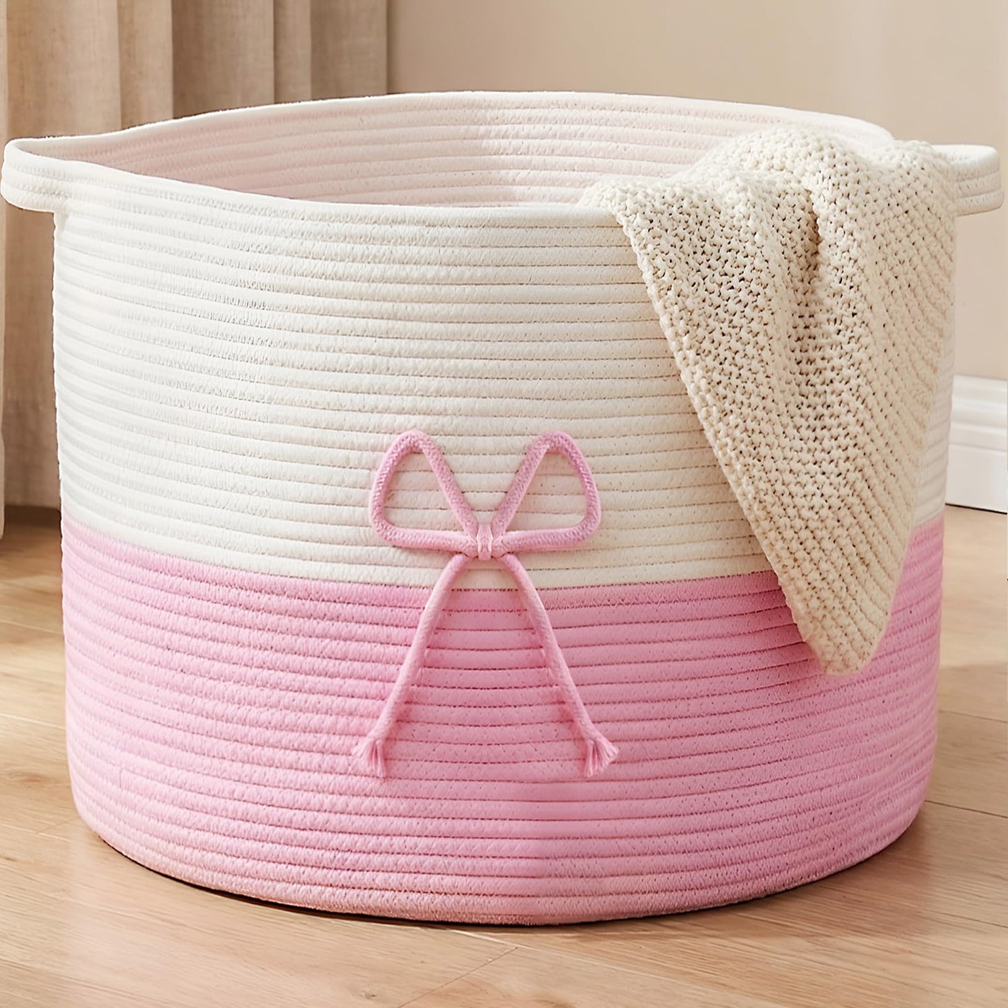 Breling 70L Pink Bow Extra Large Cotton Rope Basket 21" x 14", Woven Baby Laundry Blanket Basket Box with Handle Storage, Blanket Storage for Living Nursery Pillows Laundry Baby Toy Chest
