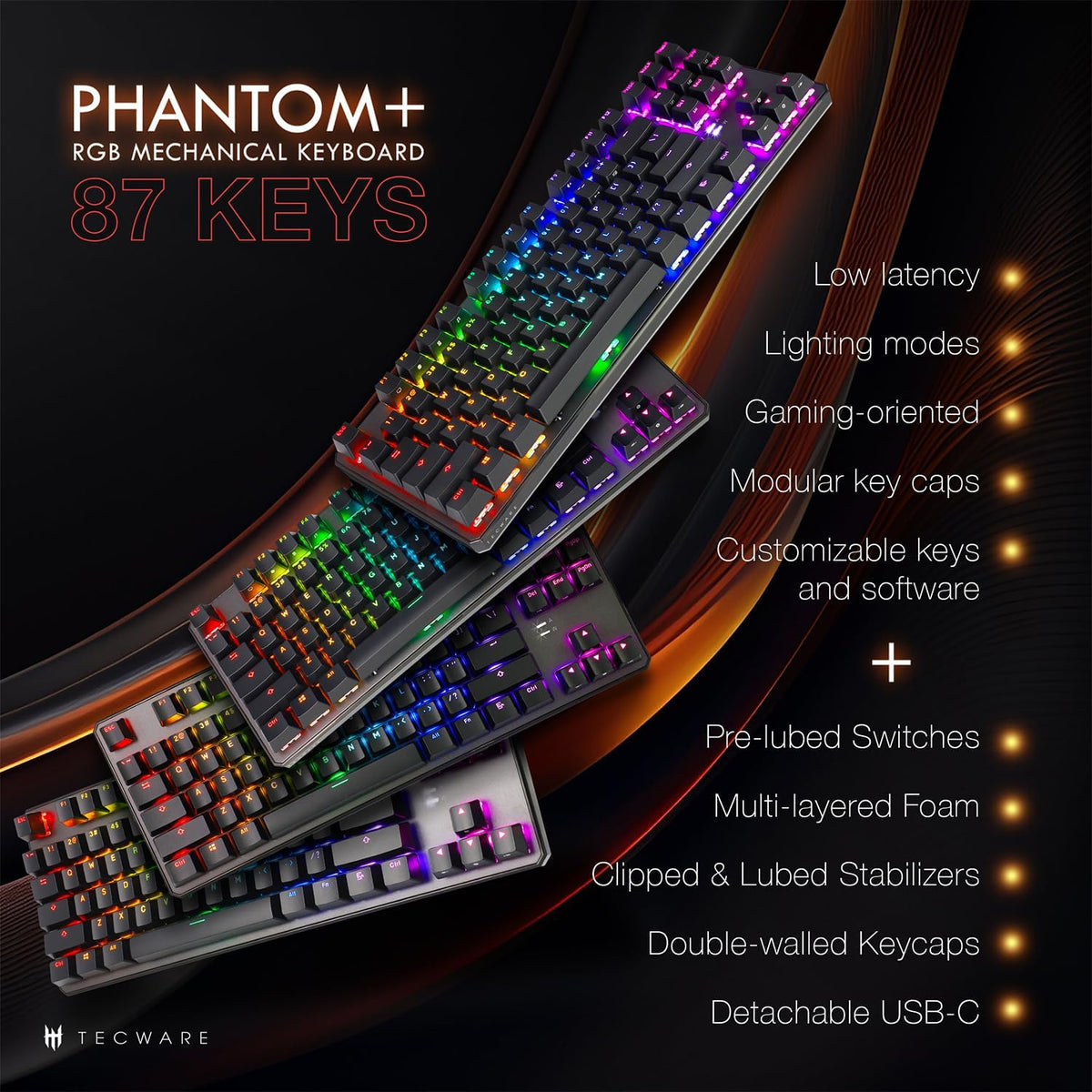TECWARE Phantom+ 87 Key Mechanical Gaming Keyboard, RGB led, TKL 75% Keyboard, Thocky Sounding, Wraith Pink Switch