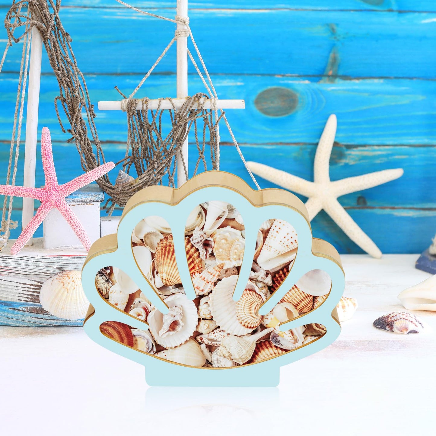 Wooden Shell Display Box Blue, Seashell Display Box Decoration Supplies, Exquisite Storage Decor Gift Supplies for Women Men Suitable for Placing in The Room