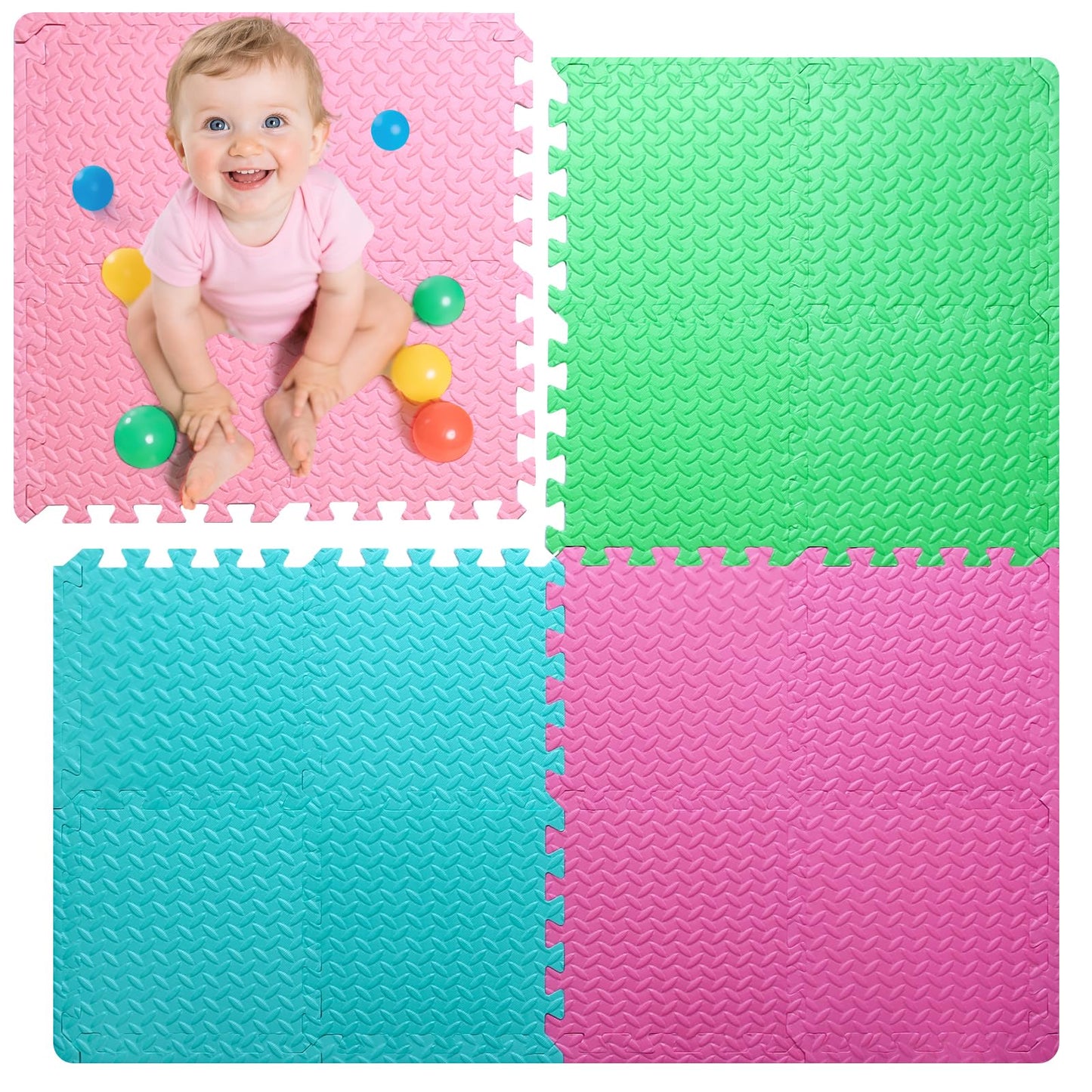 Coolcandy Baby Foam Play Mat 16Pcs with Edge Strips, 4 Colors Interlocking Floor Tiles, 0.4″ Thickened Non-Slip Puzzle Floor Mat for Infants Toddlers Playroom & Daycare