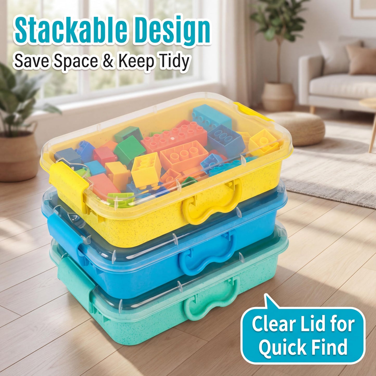 Carolart 3 Pack, Empty Sensory Bin, Wheat Straw Material，13.5 Inch Storage Container, Portable Plastic Storage Bins, Stackable Play Tray for toys,arts,crafts and sand.