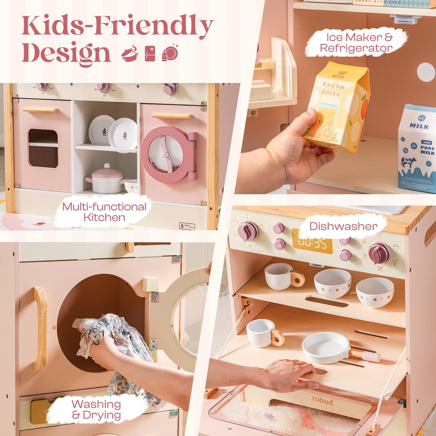 ROBUD Wooden Play Kitchen, Kids Kitchen Playset, Toy Kitchen Set with Fridge, Washing Machine, Dishwasher Toddlers Kitchen Playset Gift for Boys & Girls, Age 3+ (Pink)
