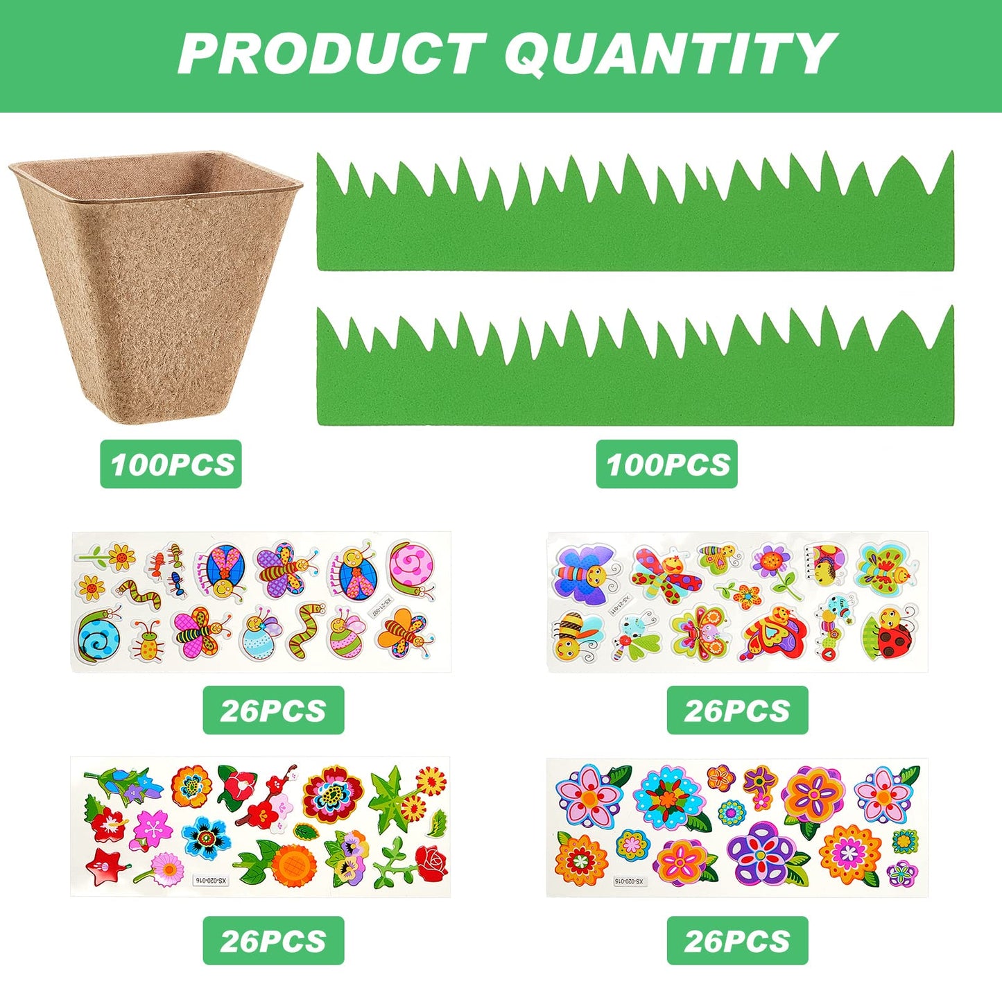 Gueevin 100 Pack Garden Paper Pot Craft Kit Flower Plant Spring Craft Including Peat Plant Pots Adhesive Foam Stickers Pot Stickers EVA Grass for Adults DIY Flower Planting Growing, Square