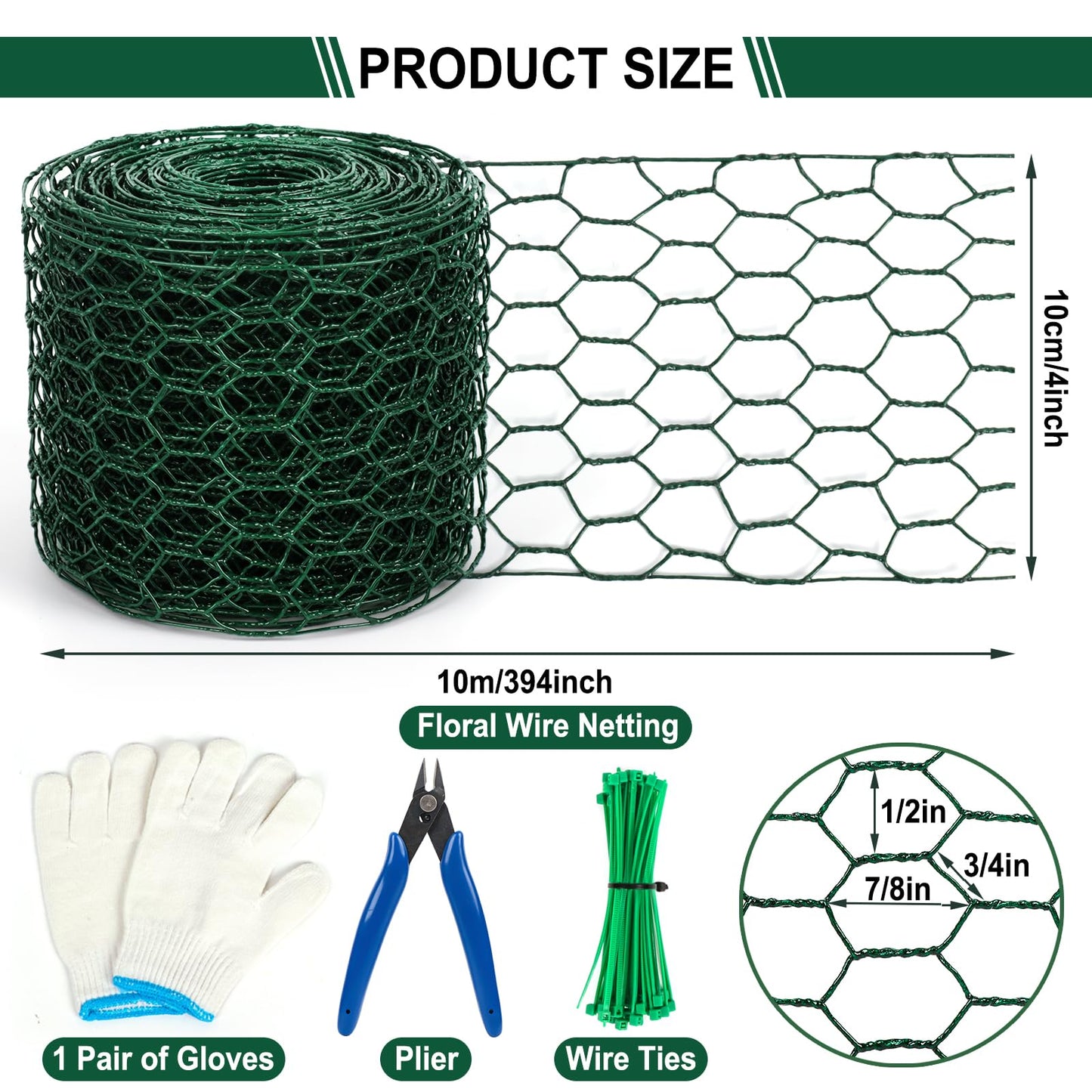 Floral Wire Netting, 4 x 394 Inch Flower Mesh Netting, Chicken Wire for Floral Arrangement, Galvanized Hexagonal Chicken Wire Fence with Plier Gloves, Protect Plant & Decorate Flower Arch, DIY Craft