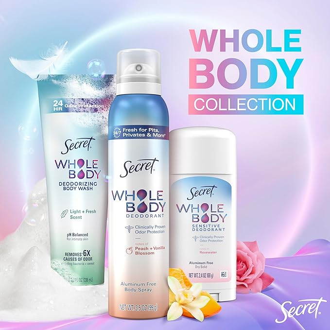 Secret Whole Body Deodorant For Women Stick, Spray & Cream Regimen Pack, Peach & Vanilla Scent, Aluminum Free Deodorant, 72 HR Odor Protection, 2.4 oz. 3 oz, 3.5 oz