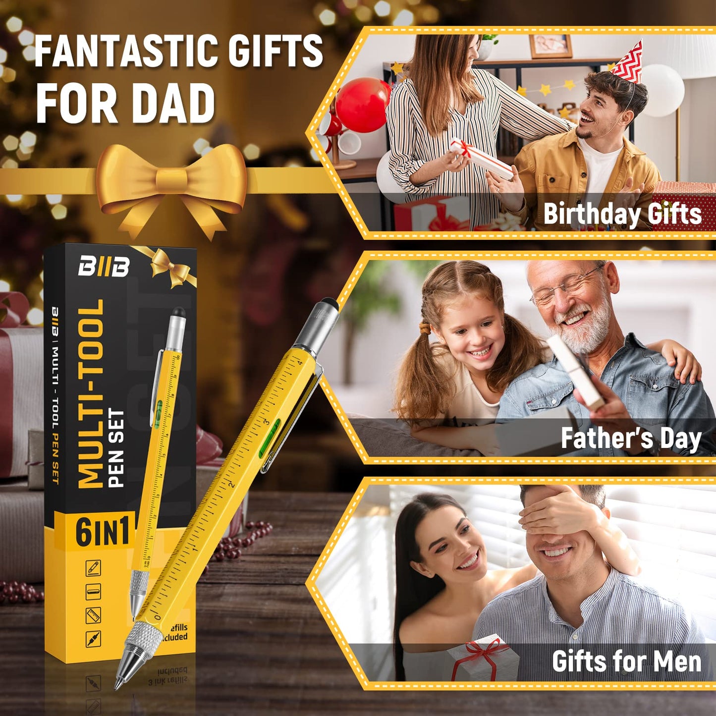 BIIB 6 in 1 Multitool Pen, Mens Gifts for Dad Boyfriend Husband, Anniversary Birthday Father‘s Day Gifts for Men, Gift for Men Who Have Everything, Dad Gift from Daughter Son, Cool Tools Gadgets