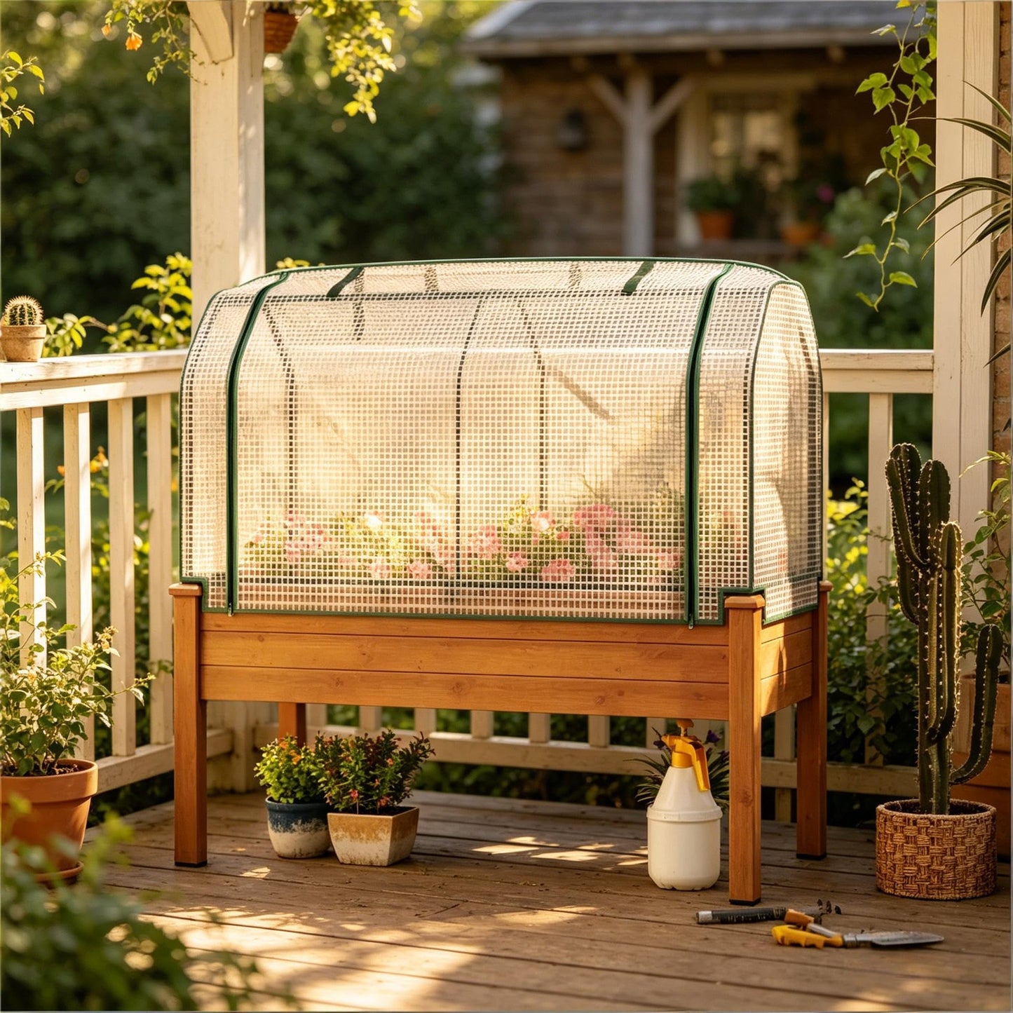 NOXJUQU Raised Garden Bed with Retractable Cover & Small Greenhouse, Elevated Wood Planter Box for Herbs Vegetables Flowers, Suitable for Patio Backyard Balcony Gardening