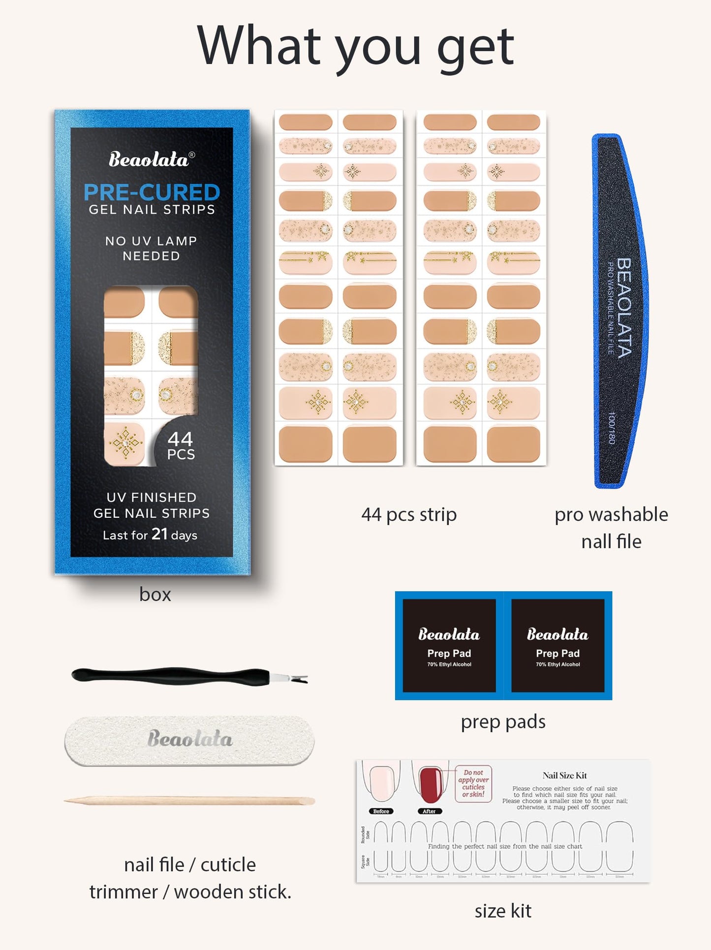 Beaolata Real Gel Nail Strips (No UV Light Needed) - 44Pcs Salon Quality Nail Stickers - Long Lasting Polish Wraps for Women, Easy Apply & Remove (Cosmic Shimmer Nude)