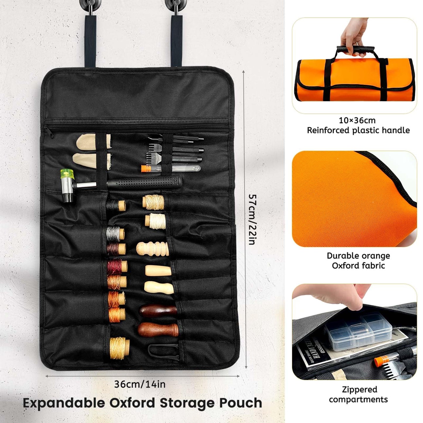 Daily Treasures 73pcs Leather Craft Kits with Portable Handbag, Leather Working Kit with 18 Punch Tool,Tracing Wheel,7 in 1 Groover,Awl,Waxed Thread,Needles,Tools for DIY Polishing Sewing Cutting