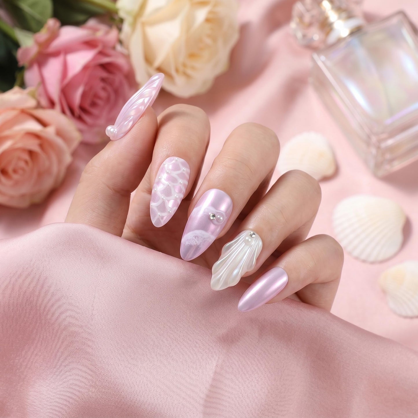 Sun&Beam Nails Handmade Press On Nail Medium Long Almond Oval Purple White Pearl Shell Fake Tip 3D Design Art Charms Cute with Storage Box 10 Pcs (Purple-L)