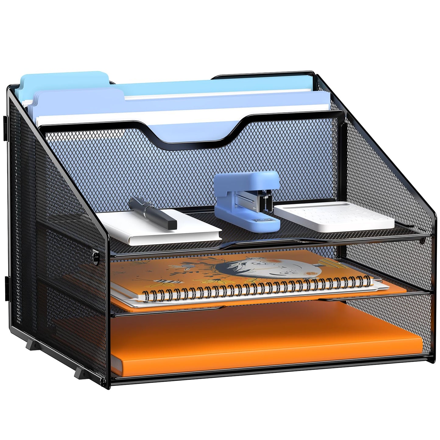GAWERK Letter Tray Organizer, Mesh Desk File Organizer with 3 Paper Trays and 2 Vertical Upright Section, Blank