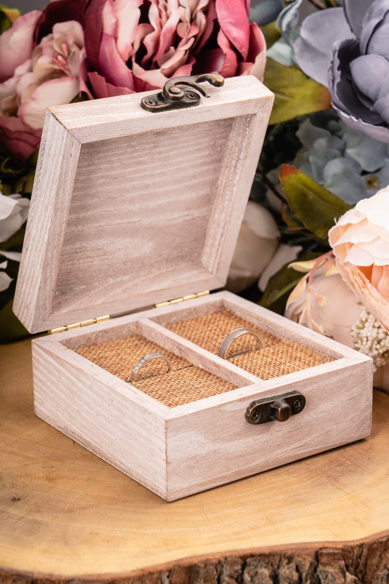 Strova Wooden Ring Box for Wedding Rings and Couple Jewelry - Engraved Mr. & Mrs. Lettering - Ring Bearer Box for Display or Personal Organizer - Brass Latch and Soft, Protective Ring Cushions