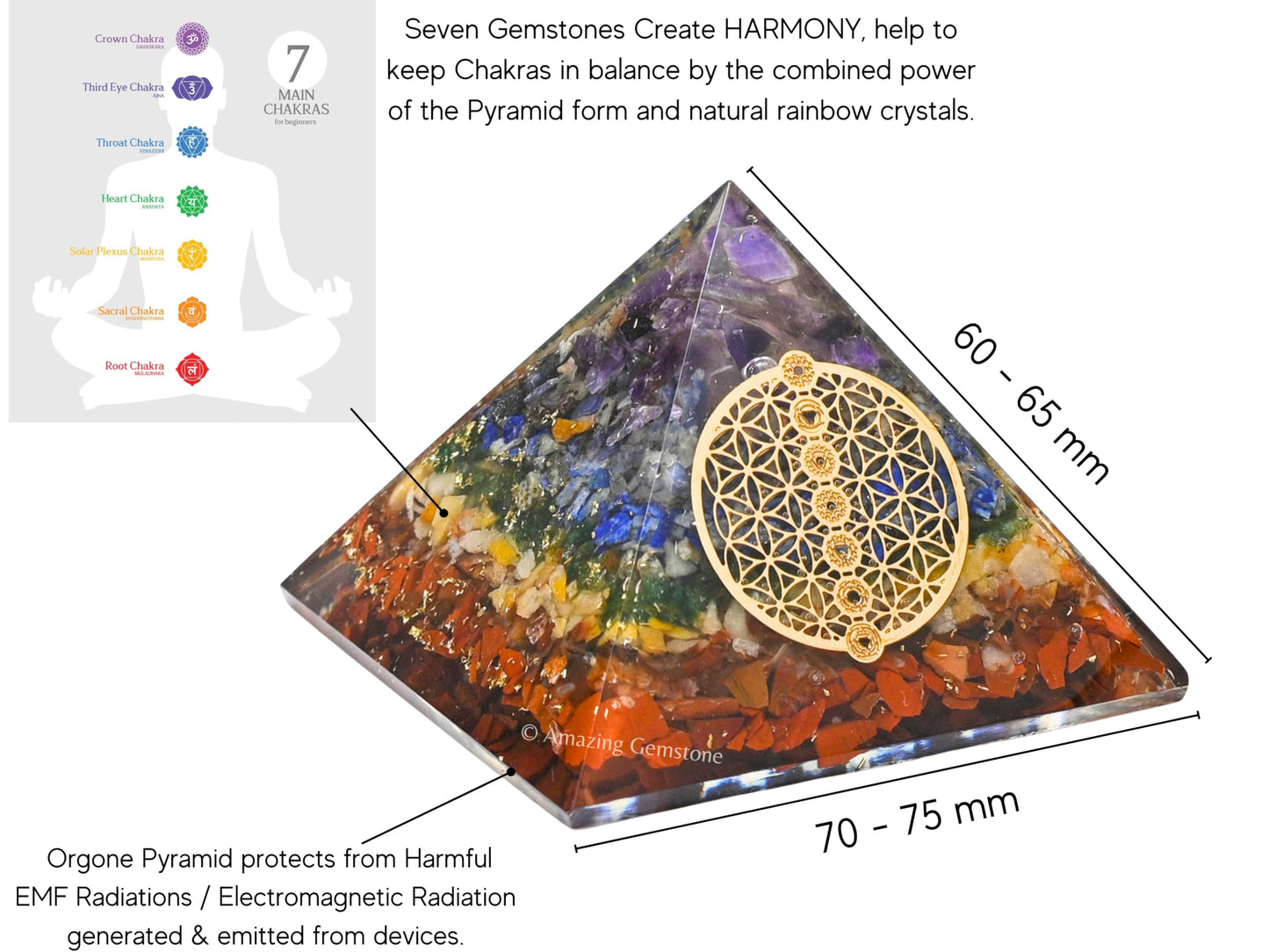 Amazing Gemstone Large Orgone Pyramid | Natural Chakra Pyramid Crystal | Chakra Flower of Life Orgonite Pyramid | Organ Pyramids Positive Energy Healing