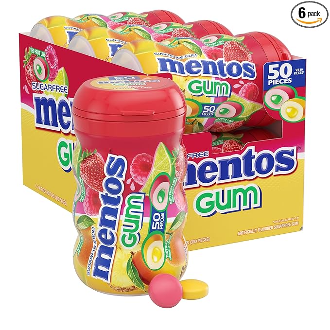 Mentos Sugar-Free Chewing Gum, Tropical, Red Fruit and Lime, Bulk, 50 Piece Bottle (Pack of 6)